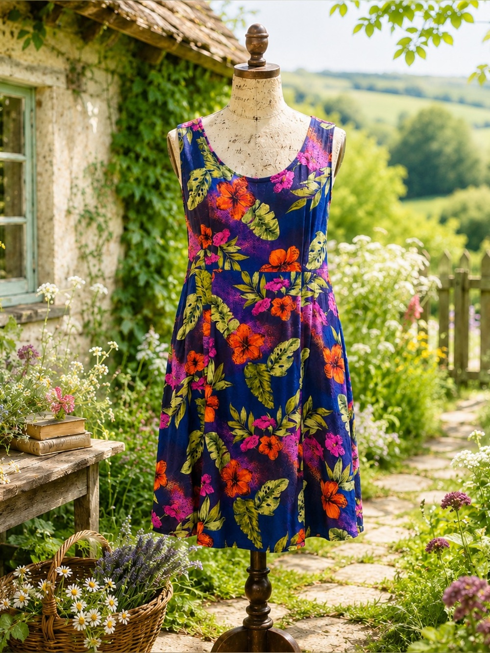 Vintage 1990s Dressing Clio Rayon Purple Colourful Hawaiian Midi Dress